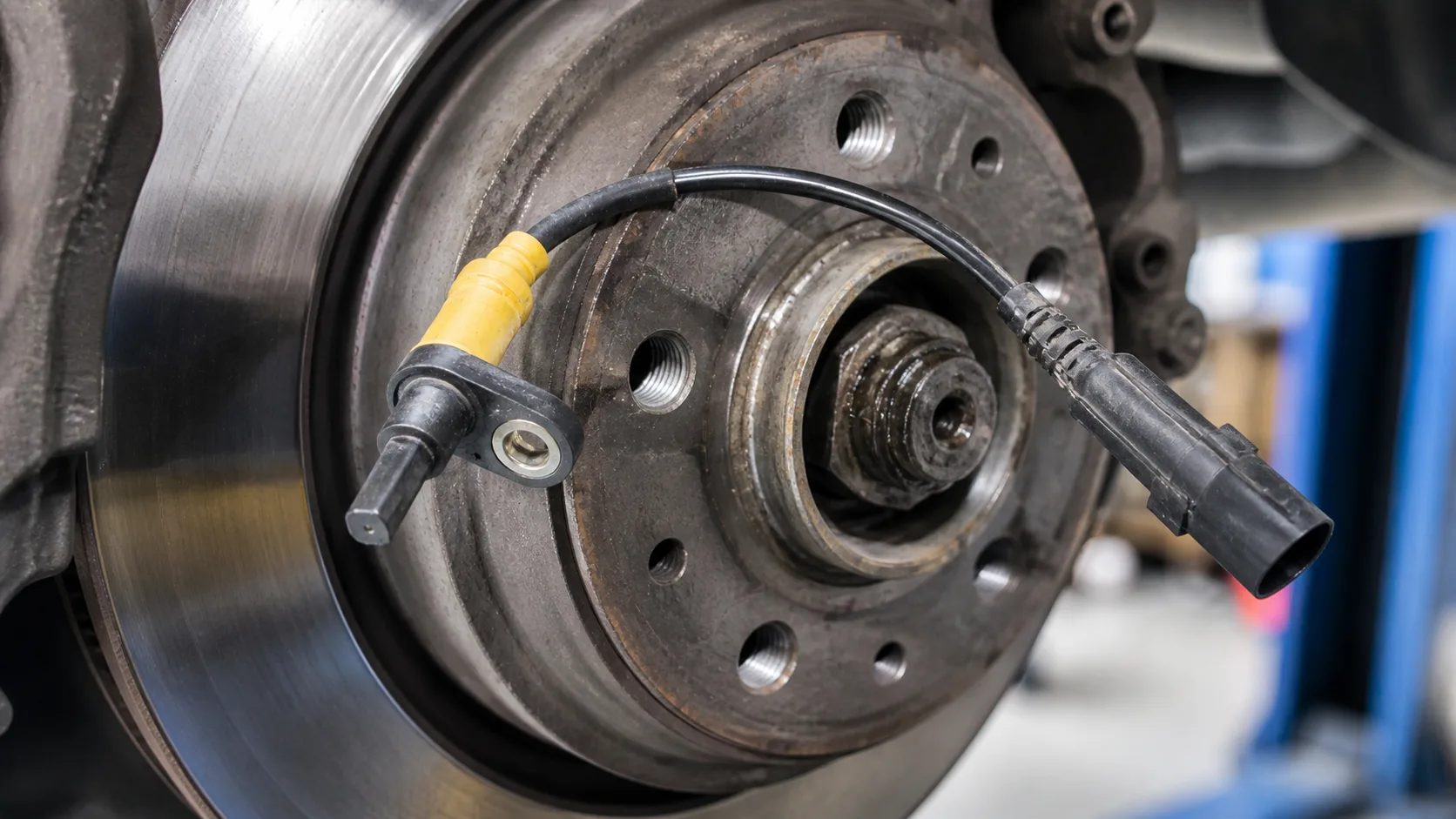 ABS sensor met gele connector geplaatst aan remhub van auto — ABS sensor vervangen MTechniek Alkmaar
