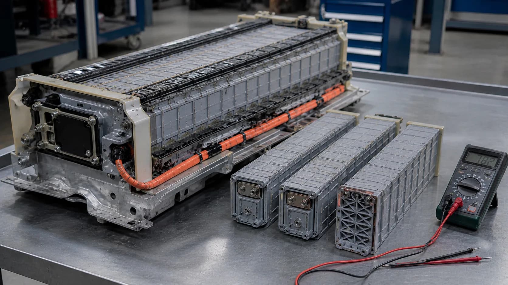 Hybride accupakket met afzonderlijke modules en multimeter op werkbank — hybride accu revisie MTechniek Alkmaar