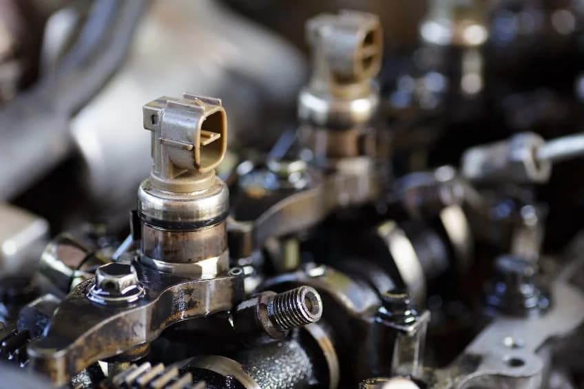 Close-up van brandstofverstuivers in een motorblok — verstuiverreiniging en vervanging bij MTechniek.