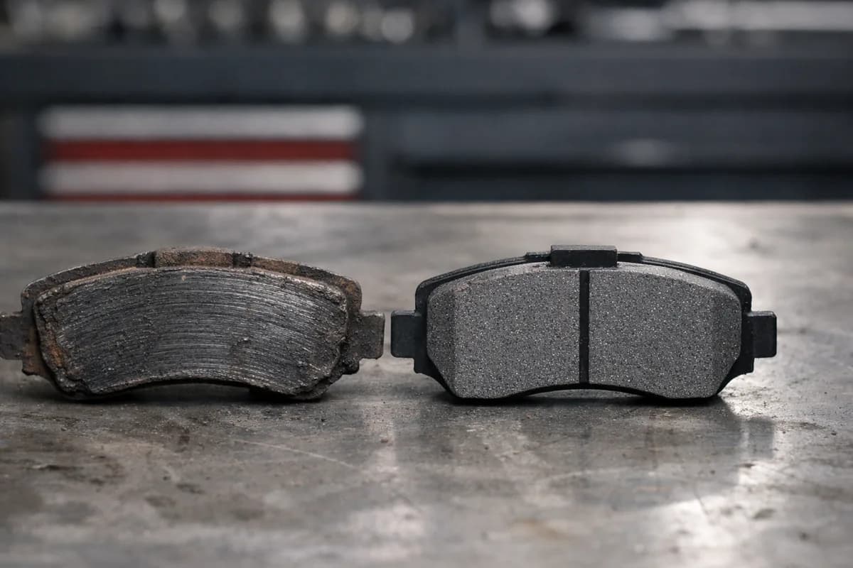 Versleten remblok naast een nieuw remblok op een werkbank bij MTechniek Alkmaar — duidelijk verschil in dikte