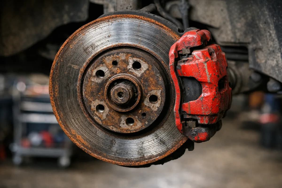 Versleten remschijf met rode remklauw op een auto bij MTechniek Alkmaar