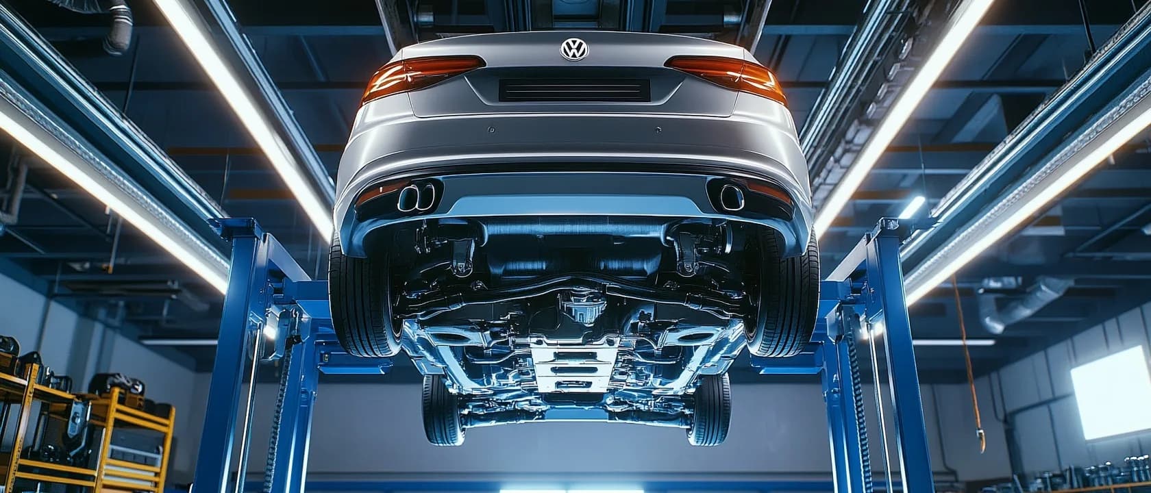 Volkswagen van onderen gezien op een tweekolomshefbrug tijdens een APK keuring bij MTechniek Alkmaar