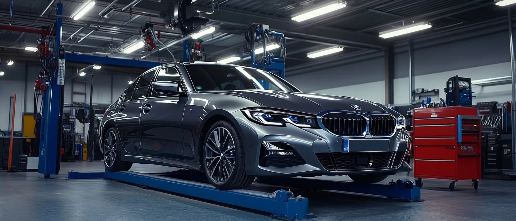 Grijze BMW 3 Serie op een blauwe hefbrug in de werkplaats van MTechniek Alkmaar