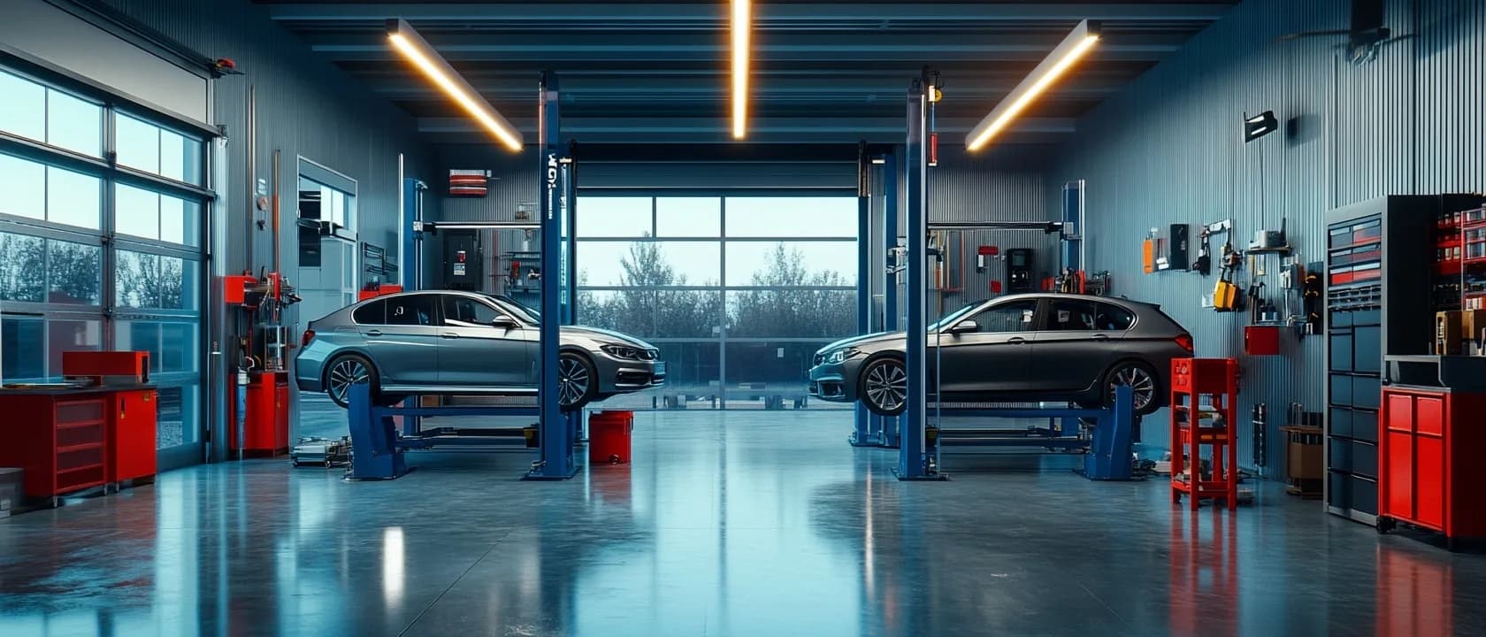 Werkplaats interieur van MTechniek Alkmaar met twee auto's op blauwe hefbruggen en rode gereedschapswagens