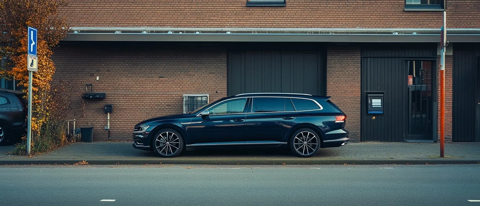 Donkerblauwe Volkswagen Passat geparkeerd voor een Nederlandse werkplaats in Heerhugowaard