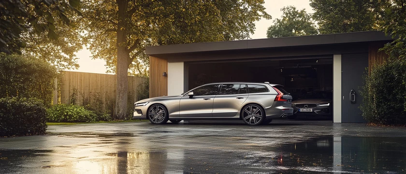 Zilveren Volvo V60 geparkeerd voor een moderne garage-entree met bomen in Heiloo