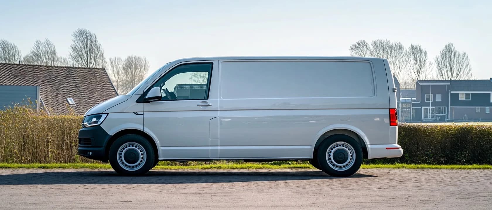 Witte Volkswagen Transporter bedrijfsbus op een typisch Nederlandse straat in Langedijk