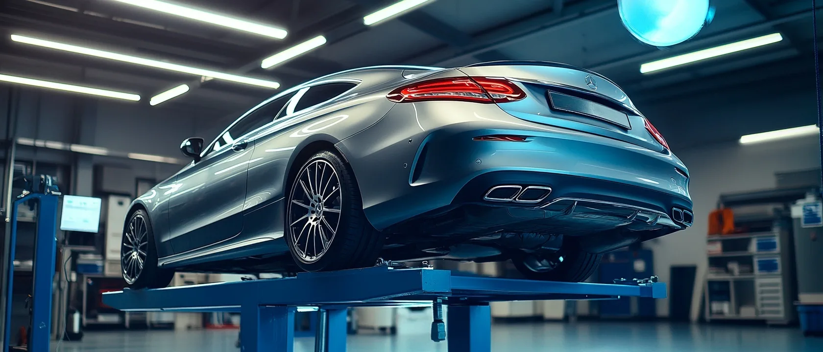 Zilveren Mercedes-Benz C-Klasse op een hefbrug in de werkplaats van MTechniek Alkmaar