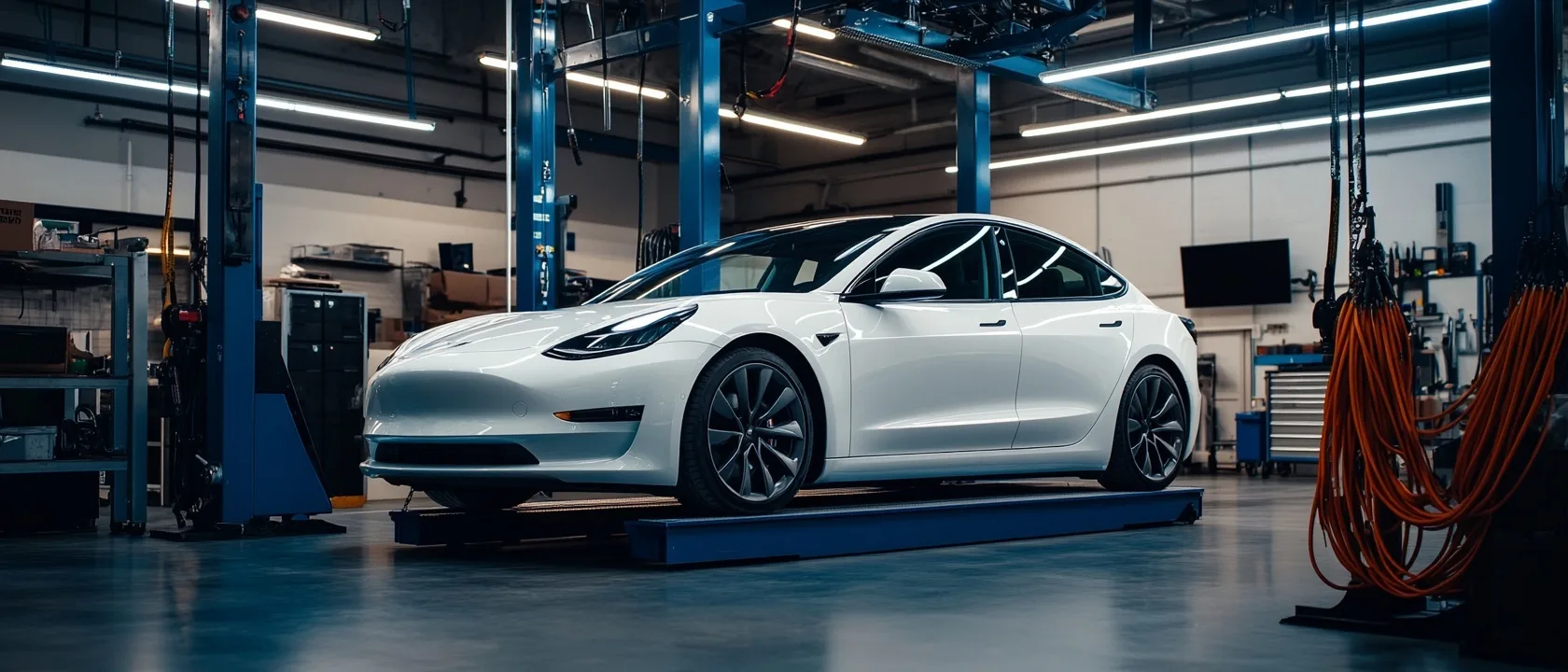 Witte Tesla Model 3 op een hefbrug in de werkplaats van MTechniek Alkmaar met hoogspanning veiligheidsapparatuur