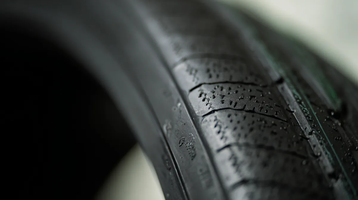Slijtage-indicator band — wanneer banden vervangen bij MTechniek Alkmaar Close-up van een bandenprofel met zichtbare slijtage-indicator op het niveau van het profieloppervlak